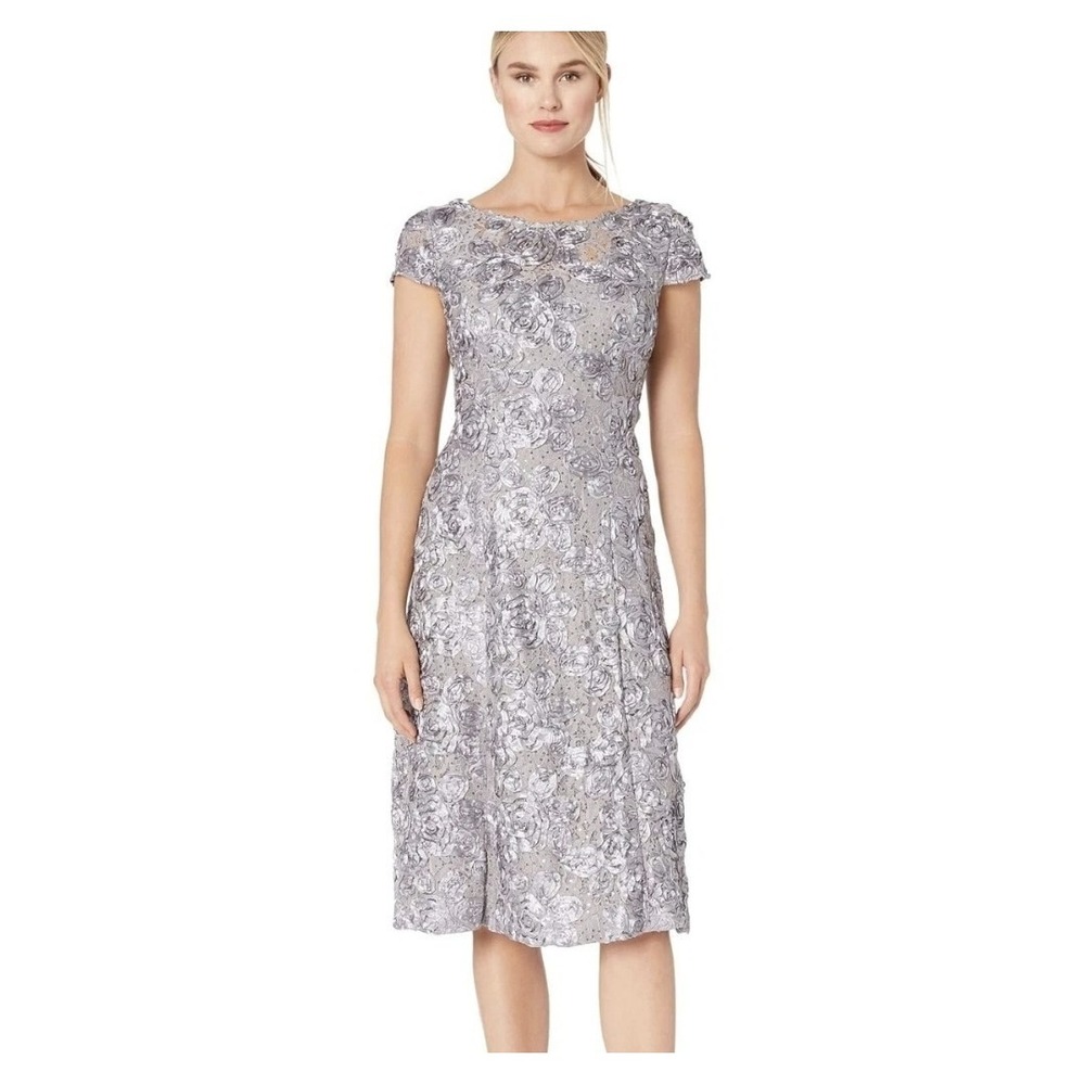 Alex Evenings Dove Grey Tea‎ Length a-Line Rosette Dress Size 8P New Wedding